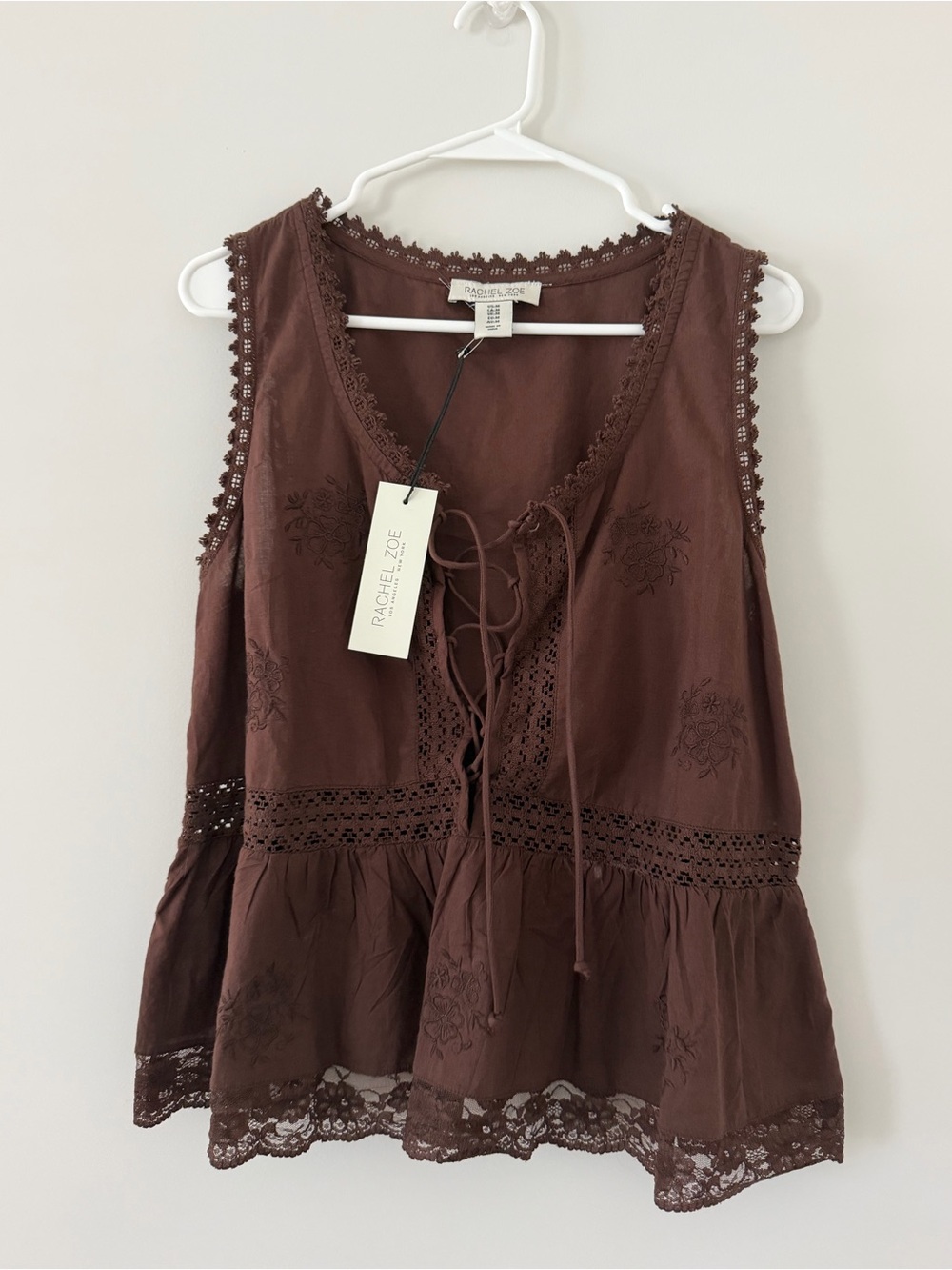 Rachel Zoe Chocolate Brown Lace Trim Peplum Top Women’s Medium NWT